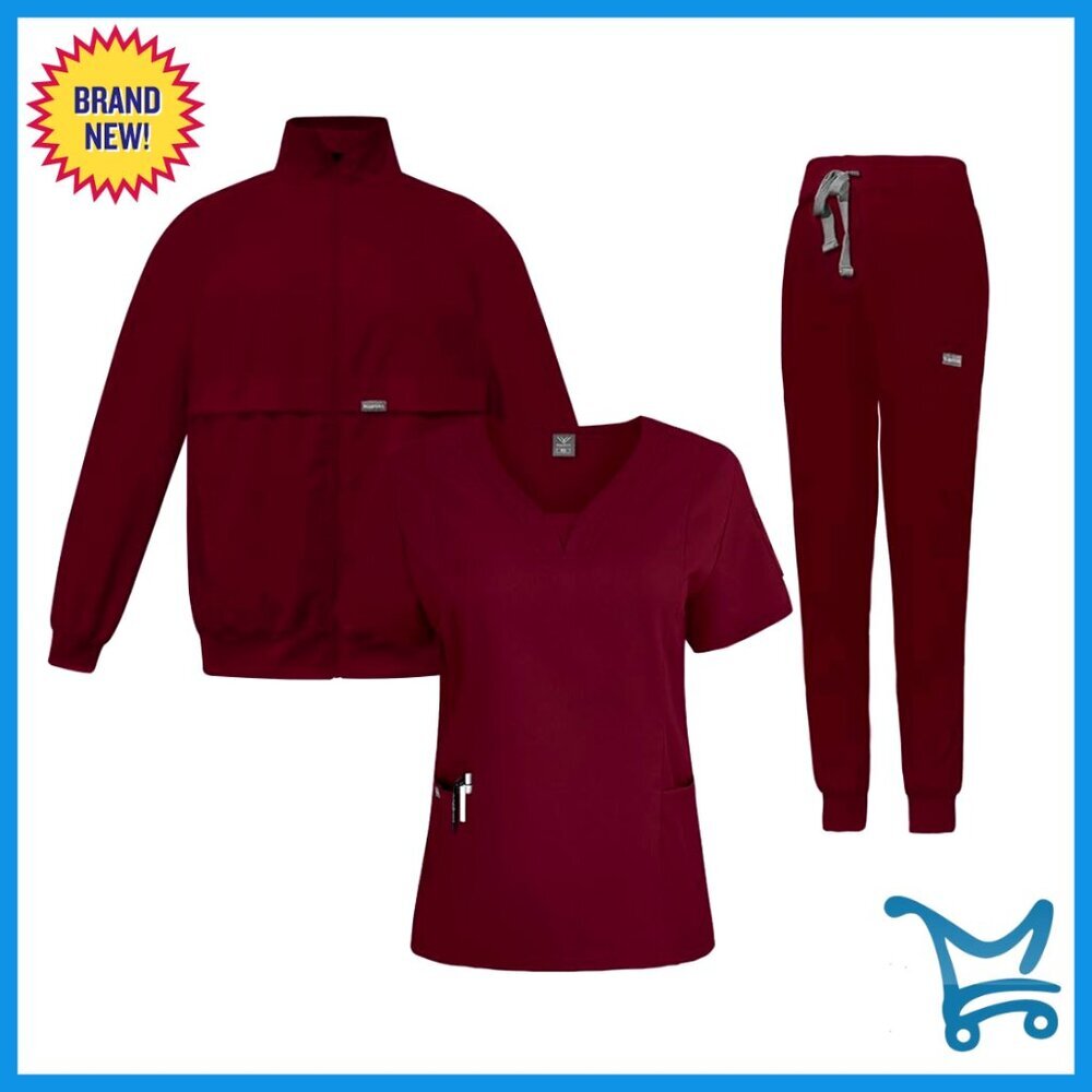 3-Piece Medical Scrub Set Jacket Top Jogger Pants Stretch Fabric